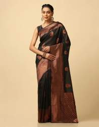Midnight Black Golden Zari Shine Kanjivaram Wedding Saree With Blouse