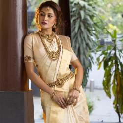 Off White color with golden Border Banarasi Soft Silk Saree