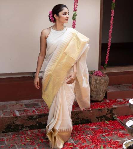 OFF WHITE STRIPPED BANARASI SOFT SILK SAREE  by Esomic Export