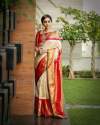 OFF-WHITE WITH RED JARI BORDER BANARASI SOFT SILK SAREE 