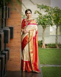 OFF-WHITE WITH RED JARI BORDER BANARASI SOFT SILK SAREE 