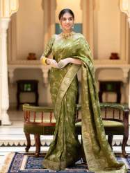 OLIVE GREEN SAREES WITH HEAVY BROCADE WORK AND GOLD ZARI WORK BANARASI SOFT SILK SAREE 