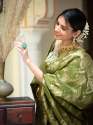 OLIVE GREEN SAREES WITH HEAVY BROCADE WORK AND GOLD ZARI WORK BANARASI SOFT SILK SAREE  thumb 5
