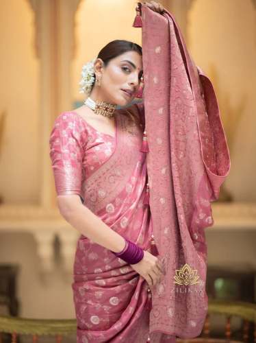 PEACH BANARASI SOFT SILK SAREE WITH GOLD ZARI WORK WITH BEAUTIFUL SAREE
