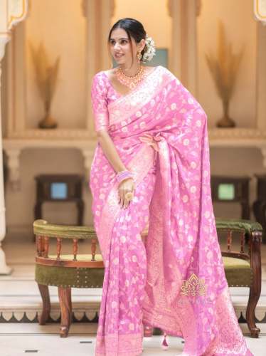 PINK BANARASI SOFT SILK SAREE WITH GOLD ZARI WORK WITH BEAUTIFUL SAREE