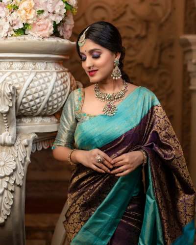 Purple color with Sky border Banarasi Soft Silk Saree