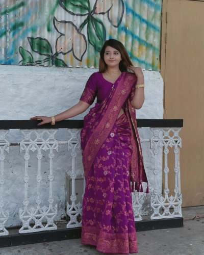 PURPLE COOPER ZARI WEAVING BANARASI SOFT SILK SAREE  by Esomic Export