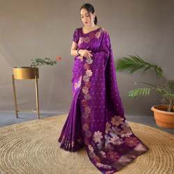 PURPLE GOLD & COOPER &SILVER ZARI WEAVING BANARASI SOFT SILK SAREE 