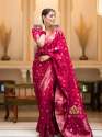 RANI PINK BANARASI SOFT SILK SAREE WITH GOLD ZARI WORK WITH BEAUTIFUL SAREE