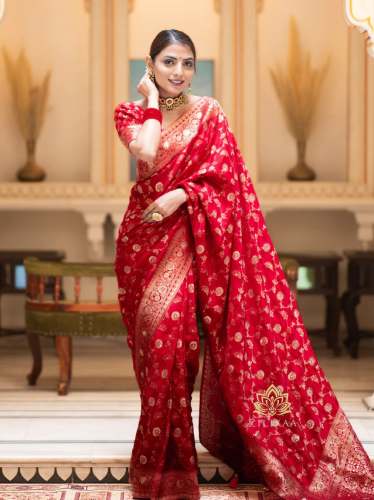 RED BANARASI SOFT SILK SAREE WITH GOLD ZARI WORK WITH BEAUTIFUL SAREE