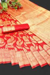 RED BANARASI SOFT SILK SAREE WITH GORGEOUS SOLID JACQUARD WEAVE