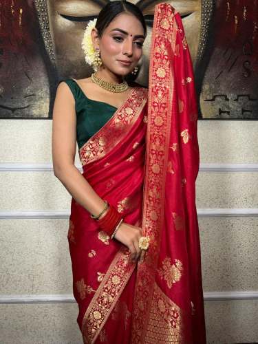 RED FLOWER PRINTED BANARASI SOFT SILK SAREE 