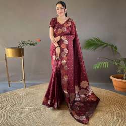RED GOLD & COOPER &SILVER ZARI WEAVING BANARASI SOFT SILK SAREE 