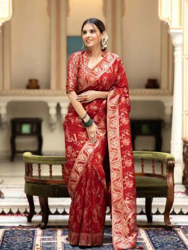 RED SAREES WITH HEAVY BROCADE WORK AND GOLD ZARI WORK BANARASI SOFT SILK SAREE 