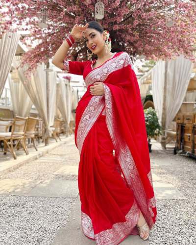 RED SILVER ZARI WEAVING BANARASI SOFT SILK SAREE  by Esomic Export