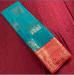 Sky blue and red color Banarasi Soft Silk Saree With Matching Blouse