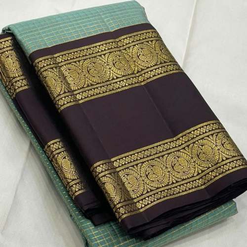 SKY BLUE MICRO CHECKED BANARASI SOFT SILK SAREE 