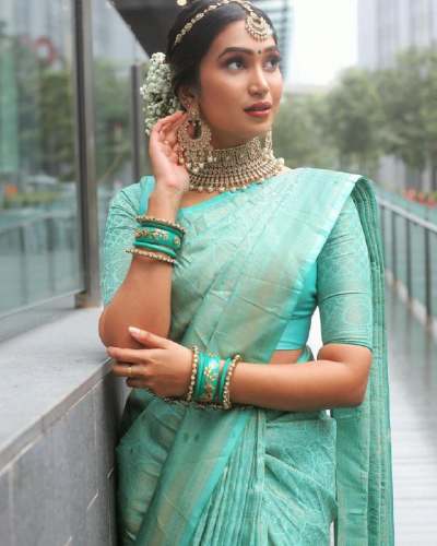 Sky Colour Fancy Zari Work Banarasi Kanjivaram Silk Saree With