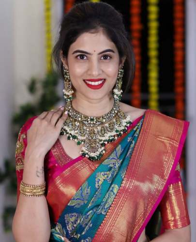 Teal color with Pink border Banarasi Soft Silk Saree