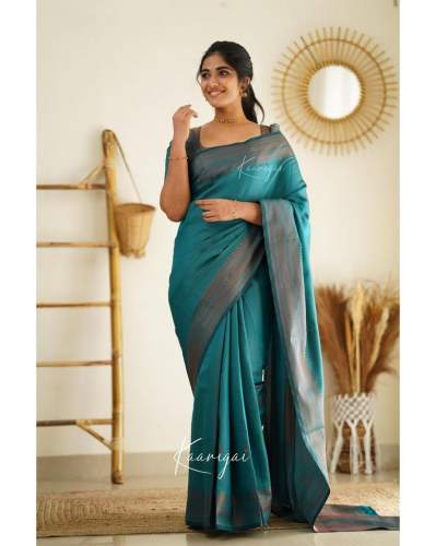 Traditional Rama Banarasi Pure Silk Kanjivaram Saree With Blouse