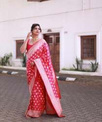 Unique Pink Zari Weaving Banarasi Soft Silk Saree With Blouse