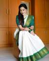 White Kanjivaram Saree With Matching Green Blouse