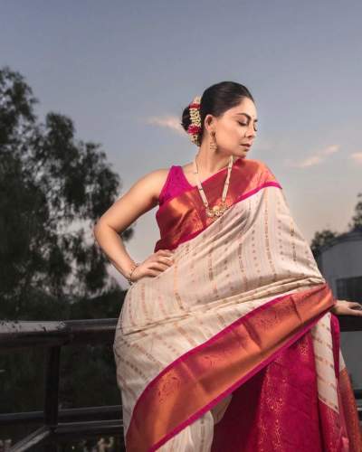 WHITE & PINK ZARI WEAVING BANARASI SOFT SILK SAREE by Esomic Export