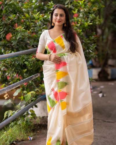 wHITE  WITH MULTI COLOR BORDER BANARASI SOFT SILK SAREE  by Esomic Export