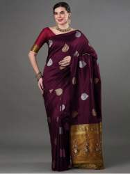 WINE COLOUR HEAVY BROCADE WORK AND COPPER OR SILVER ZARI WORK SAREE