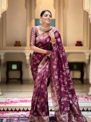 WINE  SAREES WITH HEAVY BROCADE WORK AND GOLD ZARI WORK BANARASI SOFT SILK SAREE 