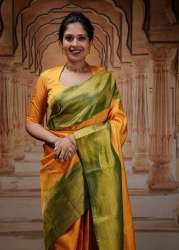 YELLOW & GREEN BANARASI SOFT SILK SAREE WITH GOLD ZARI WEAVING