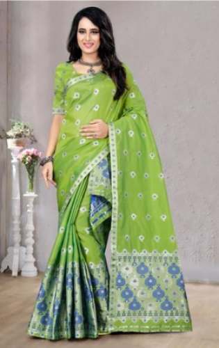 New Arrival Light Green Poly Silk Mekhela Chadar by S M Tex