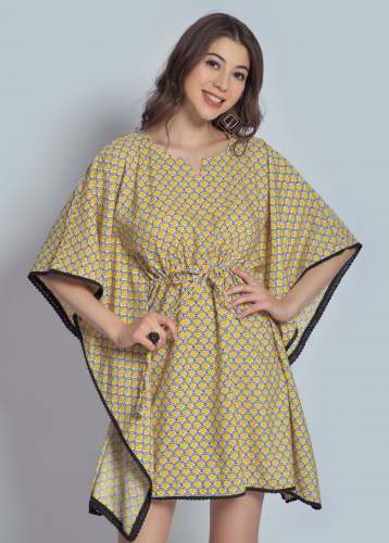 Cotton Blend Printed with Lace Border Kaftan Top