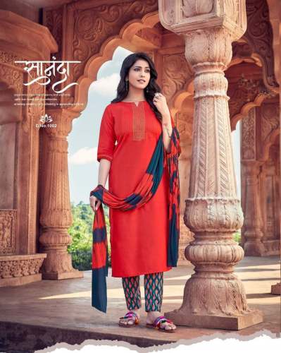 Cotton slub stylish Neck Work Kurta & Pent with dupatta Set