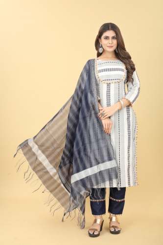 DIYA White Linen Cotton Kurti Pant with Dupatta Set