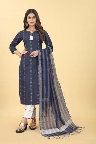 JINAL Blue Cotton Linen Kurti Dupatta Set 