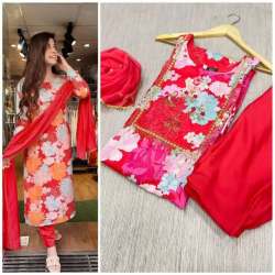 Maslin silk Printed Embroidery Design Fancy Kurta Pant with Dupatta Set