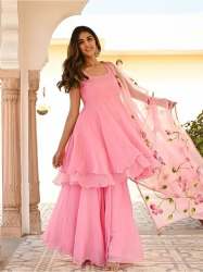 PINKPARI Plain Georgette Sharara Suit with Organza Dupatta