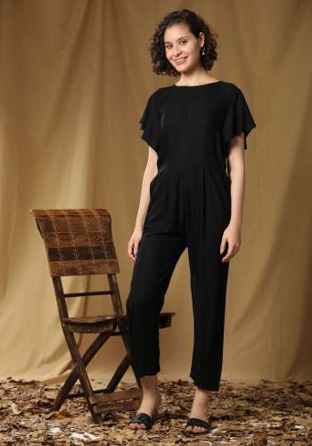 Pure Viscose Plain Black Jumpsuits 