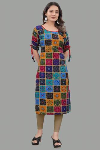 Rayon Rajwadi Printed Round Neck Straight Kurti by Golaviya House