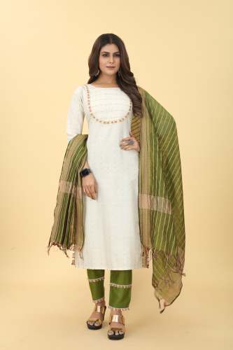 SHANVI 3pcs White Cotton Kurti Pant Set with Dupatta 