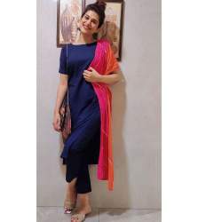 Shruti Navy Blue Cotton Kurti Pant Set 