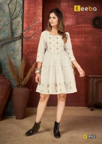 Ladies Party wear White Cotton Printed Tunic Top by Aarya Fashion