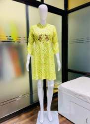 Women Embroidered and Printed Yellow Tunic Top