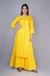 Yellow color 	Rayon Suyash Straight Kurti Sharara Suit 