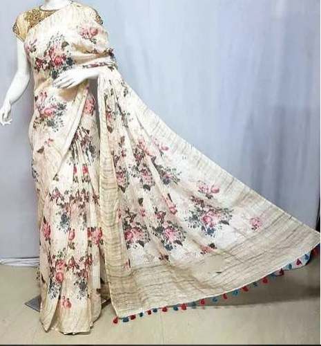 Fancy White Printed Cotton Saree  by Firdous Handloom