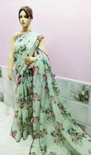 Party wear Pistachio Cotton Digital Print Saree  by Firdous Handloom