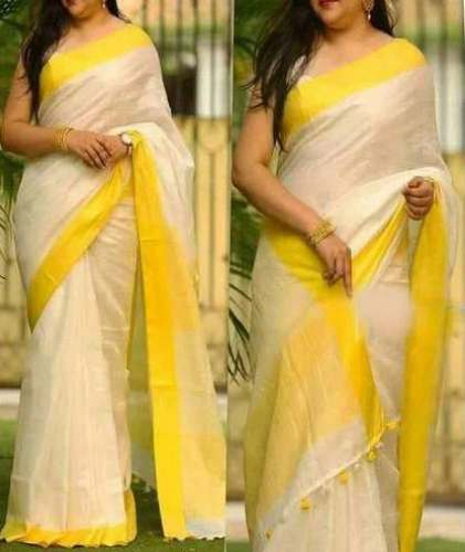 Trendy Yellow Linen Cotton Saree  by Firdous Handloom