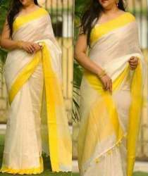 Trendy Yellow Linen Cotton Saree 