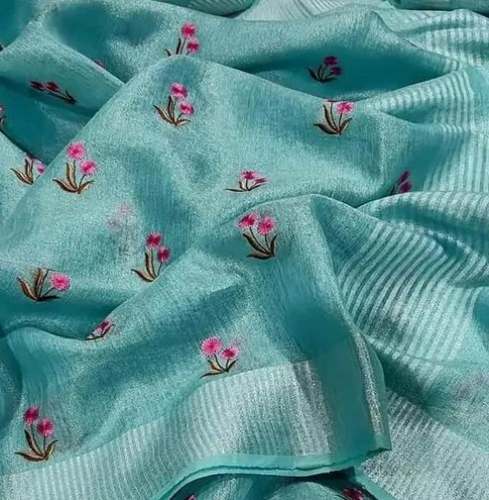 Beautiful Turquoise Blue Linen Tissue Saree by National Handloom House